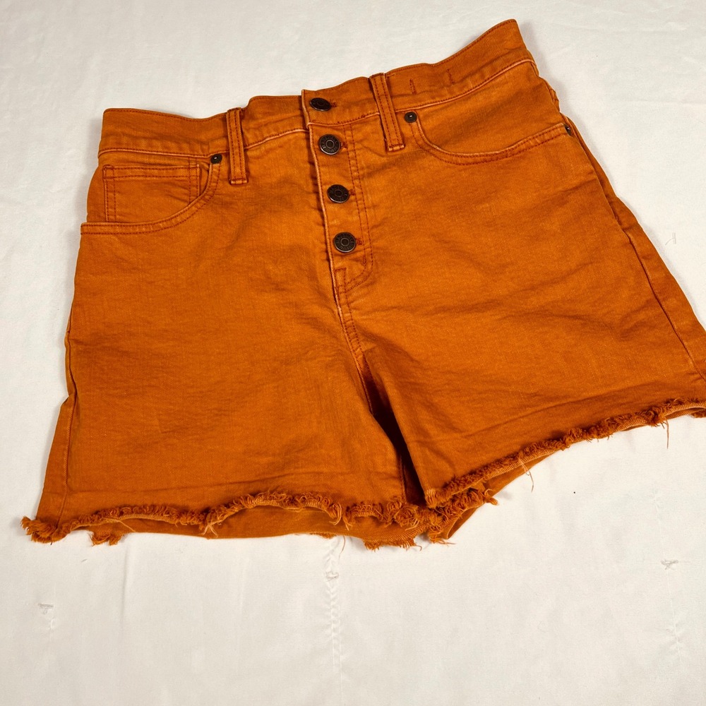 Madewell High-Rise Denim Shorts Burnt Orange Rust Button Fly Raw Hem Size 26